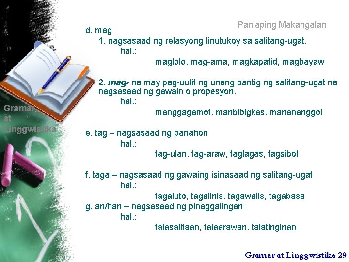 Panlaping Makangalan d. mag 1. nagsasaad ng relasyong tinutukoy sa salitang-ugat. hal. : maglolo,