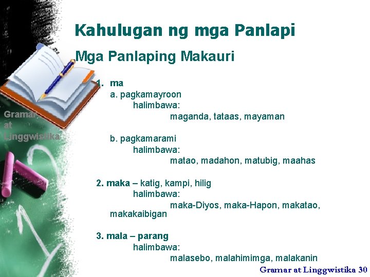 Kahulugan ng mga Panlapi Mga Panlaping Makauri Gramar at Linggwistika 1. ma a. pagkamayroon