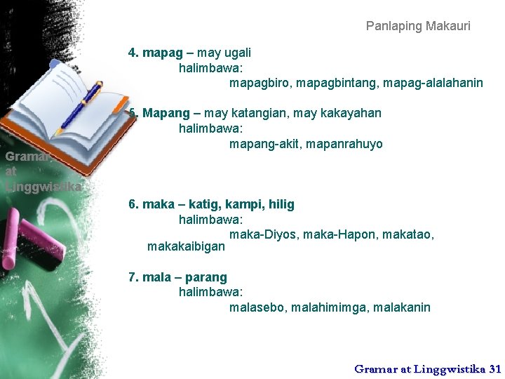 Panlaping Makauri 4. mapag – may ugali halimbawa: mapagbiro, mapagbintang, mapag-alalahanin Gramar at Linggwistika