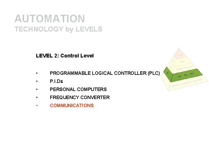 AUTOMATION TECHNOLOGY by LEVELS LEVEL 2: Control Level DC-R/ • PROGRAMMABLE LOGICAL CONTROLLER (PLC)