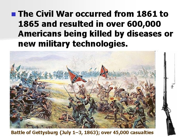 n The Civil War occurred from 1861 to 1865 and resulted in over 600,