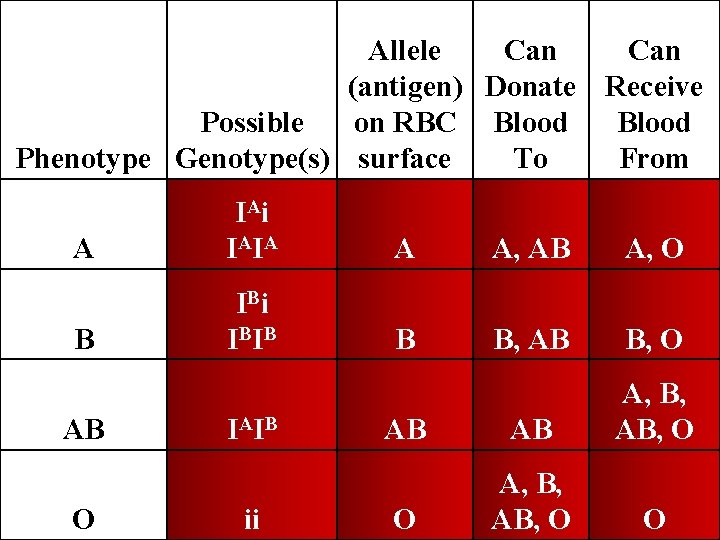 Allele Can (antigen) Donate Receive Possible on RBC Blood Phenotype Genotype(s) surface To From