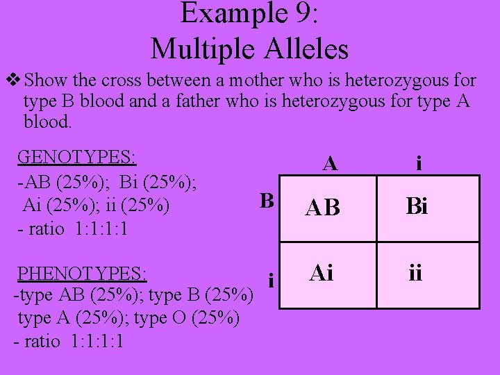 Example 9: Multiple Alleles v Show the cross between a mother who is heterozygous