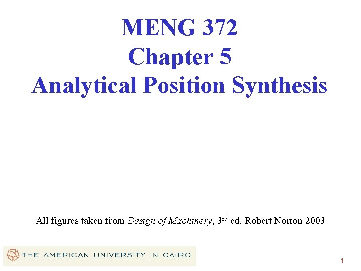 MENG 372 Chapter 5 Analytical Position Synthesis All figures taken from Design of Machinery, MENG 372 Chapter 5 Analytical Position Synthesis All figures taken from Design of Machinery,