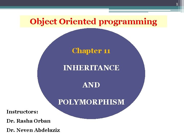 1 Object Oriented programming Chapter 11 INHERITANCE AND POLYMORPHISM Instructors: Dr. Rasha Orban Dr.