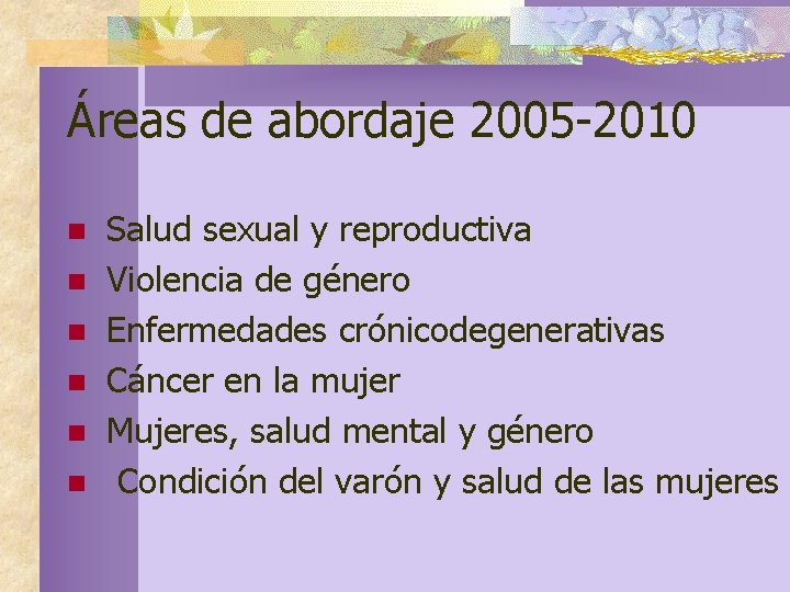 Áreas de abordaje 2005 -2010 n n n Salud sexual y reproductiva Violencia de