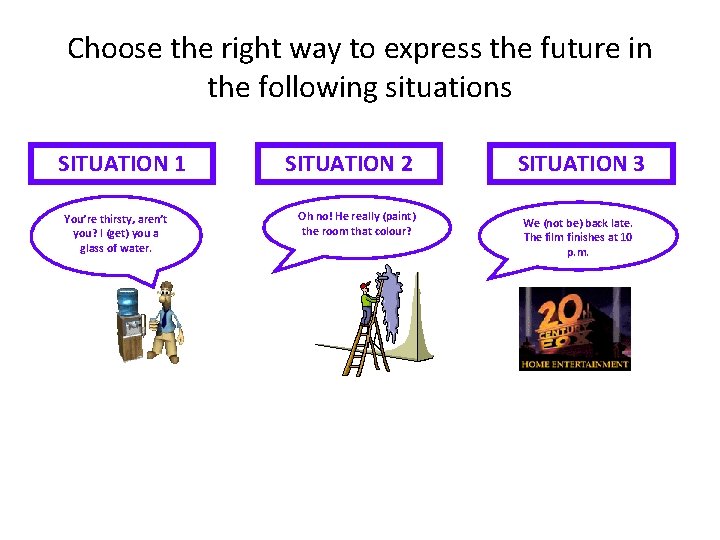 Choose the right way to express the future in the following situations SITUATION 1