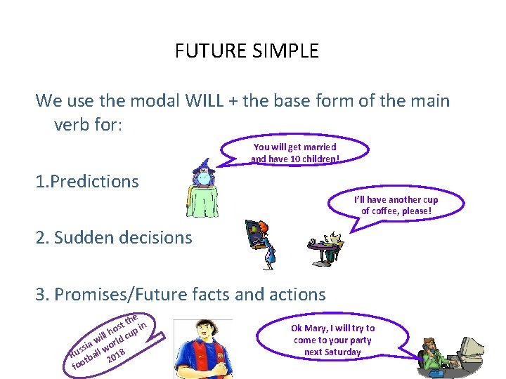 FUTURE SIMPLE We use the modal WILL + the base form of the main