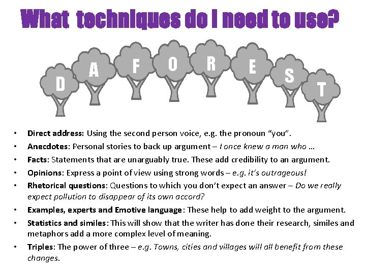 What techniques do I need to use? D • • A F O R