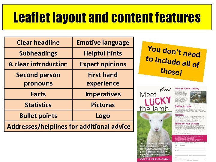 Leaflet layout and content features Clear headline Subheadings A clear introduction Second person pronouns