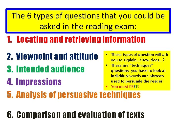 The 6 types of questions that you could be asked in the reading exam: