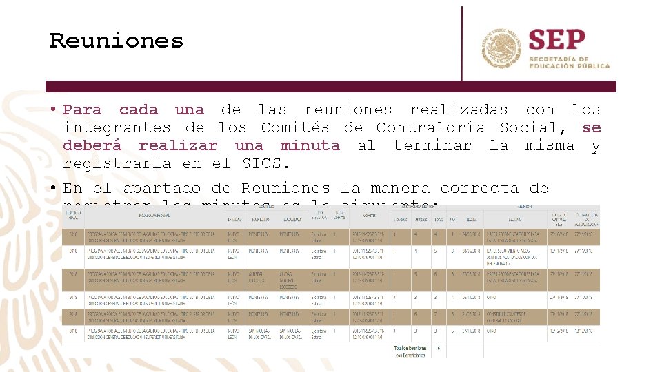 Reuniones • Para cada una de las reuniones realizadas con los integrantes de los