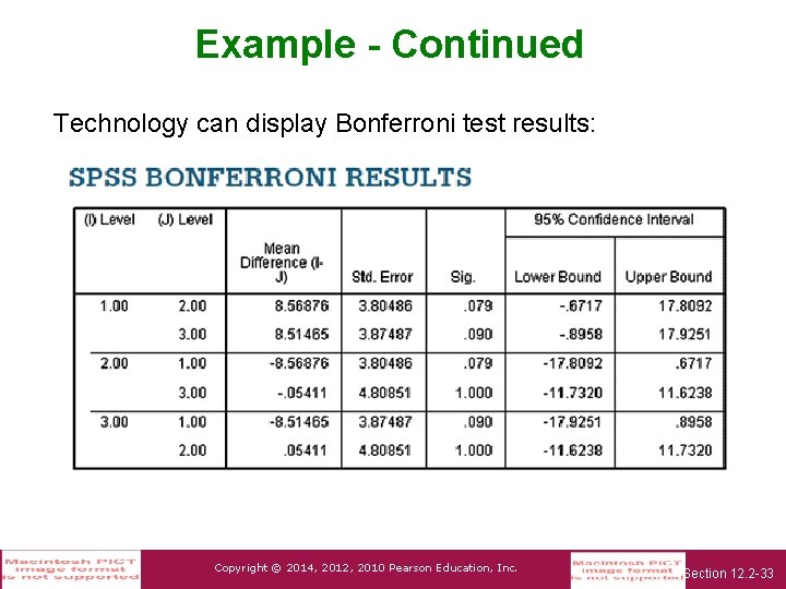 Example - Continued Technology can display Bonferroni test results: Copyright © 2014, 2012, 2010