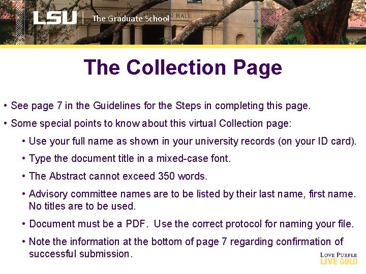 The Graduate School The Collection Page • See page 7 in the Guidelines for