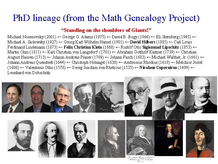 Ph. D lineage (from the Math Genealogy Project) “Standing on the shoulders of Giants!”