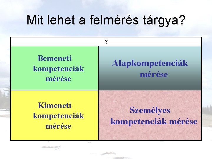 Mit lehet a felmérés tárgya? ? Bemeneti kompetenciák mérése Alapkompetenciák mérése Kimeneti kompetenciák mérése