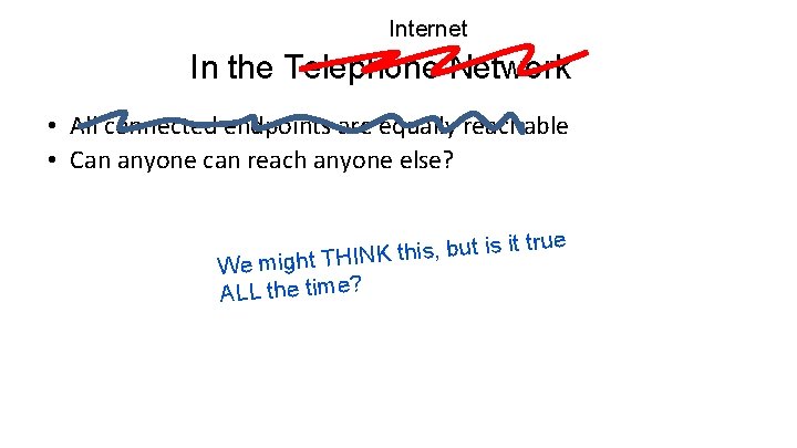 Internet In the Telephone Network • All connected endpoints are equally reachable • Can