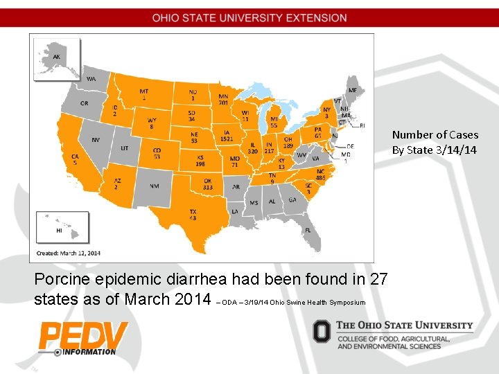 Number of Cases By State 3/14/14 Porcine epidemic diarrhea had been found in 27 Number of Cases By State 3/14/14 Porcine epidemic diarrhea had been found in 27
