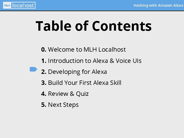 Hacking with Amazon Alexa Table of Contents 0. Welcome to MLH Localhost 1. Introduction