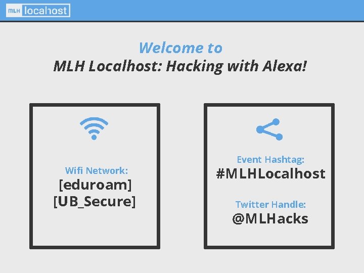 Welcome to MLH Localhost: Hacking with Alexa! Wifi Network: [eduroam] [UB_Secure] Event Hashtag: #MLHLocalhost