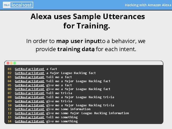 Hacking with Amazon Alexa uses Sample Utterances for Training. In order to map user