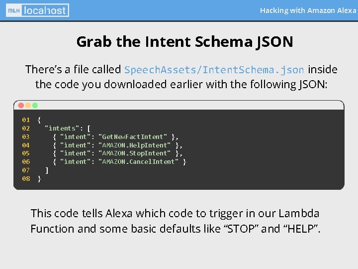 Hacking with Amazon Alexa Grab the Intent Schema JSON There’s a file called Speech.