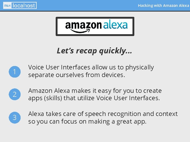 Hacking with Amazon Alexa Let’s recap quickly. . . 1 Voice User Interfaces allow