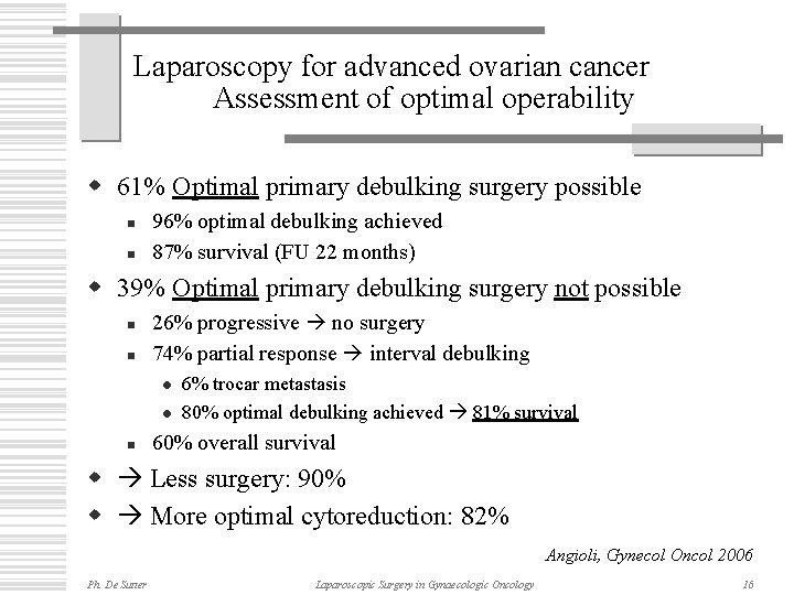 Laparoscopy for advanced ovarian cancer Assessment of optimal operability w 61% Optimal primary debulking