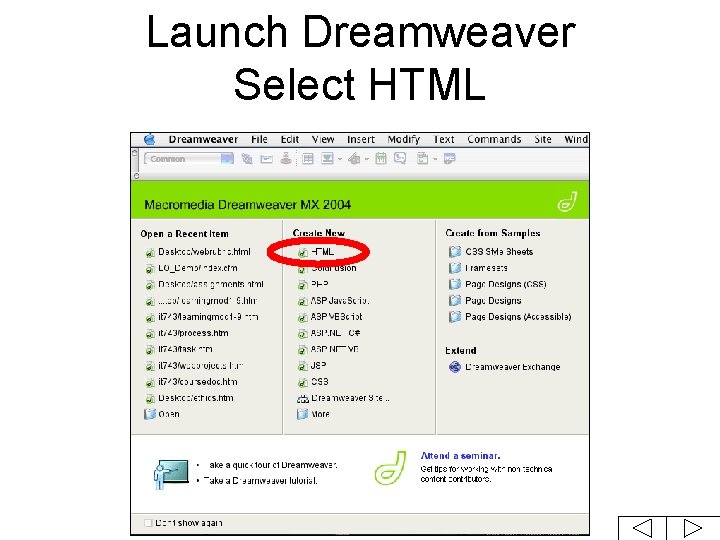 Launch Dreamweaver Select HTML 