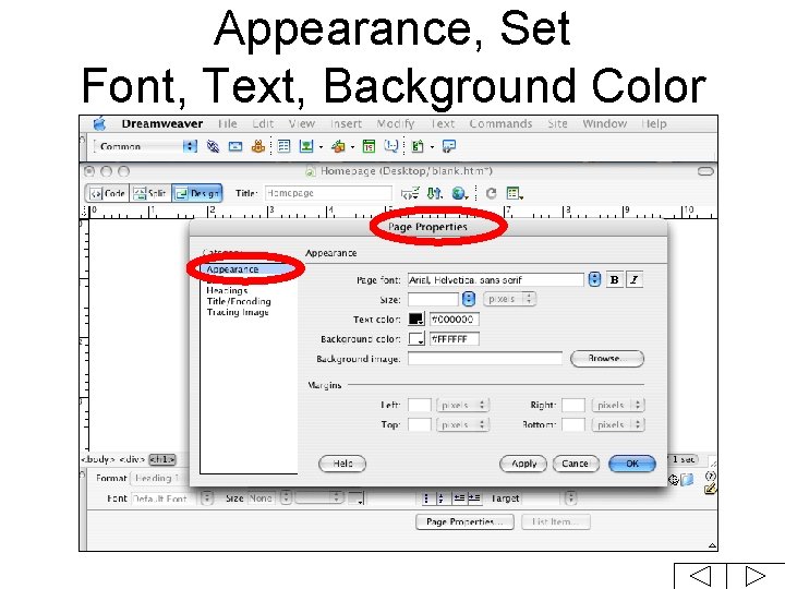 Appearance, Set Font, Text, Background Color 