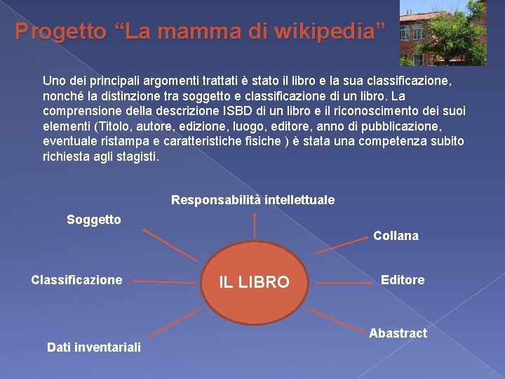 Progetto “La mamma di wikipedia” Uno dei principali argomenti trattati è stato il libro Progetto “La mamma di wikipedia” Uno dei principali argomenti trattati è stato il libro
