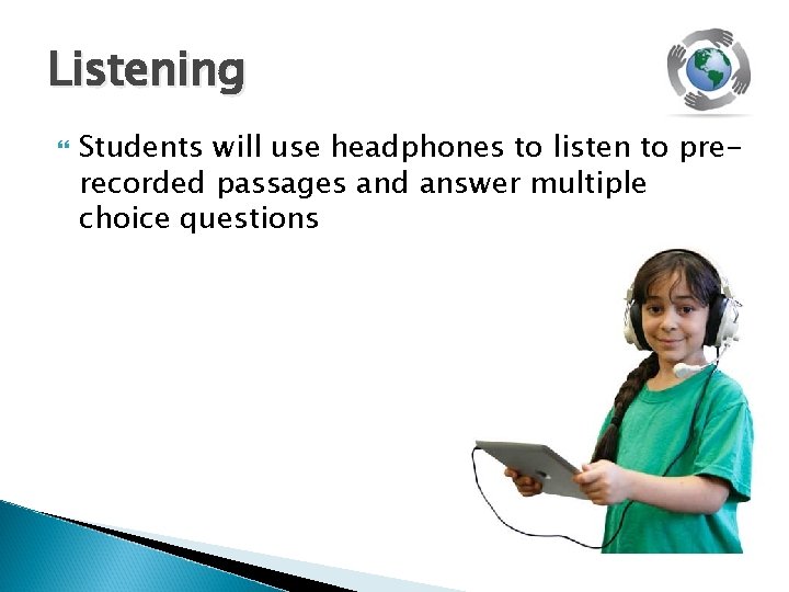 Listening Students will use headphones to listen to prerecorded passages and answer multiple choice
