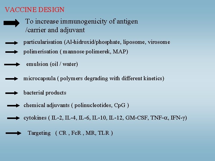 VACCINE DESIGN To increase immunogenicity of antigen /carrier and adjuvant particularisation (Al-hidroxid/phosphate, liposome, virosome