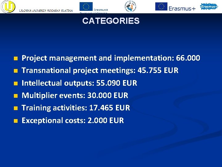 CATEGORIES n n n Project management and implementation: 66. 000 Transnational project meetings: 45. CATEGORIES n n n Project management and implementation: 66. 000 Transnational project meetings: 45.