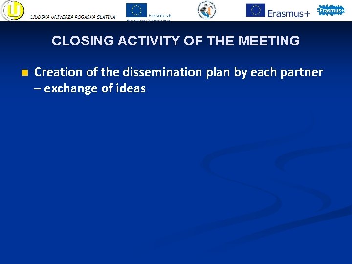 CLOSING ACTIVITY OF THE MEETING n Creation of the dissemination plan by each partner CLOSING ACTIVITY OF THE MEETING n Creation of the dissemination plan by each partner