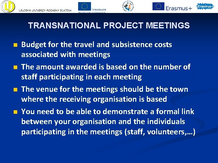 TRANSNATIONAL PROJECT MEETINGS n n Budget for the travel and subsistence costs associated with TRANSNATIONAL PROJECT MEETINGS n n Budget for the travel and subsistence costs associated with