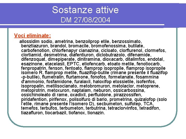 Sostanze attive DM 27/08/2004 Voci eliminate: allossidim sodio, ametrina, benzoilprop etile, benzossimato, benztiazuron, brandol,
