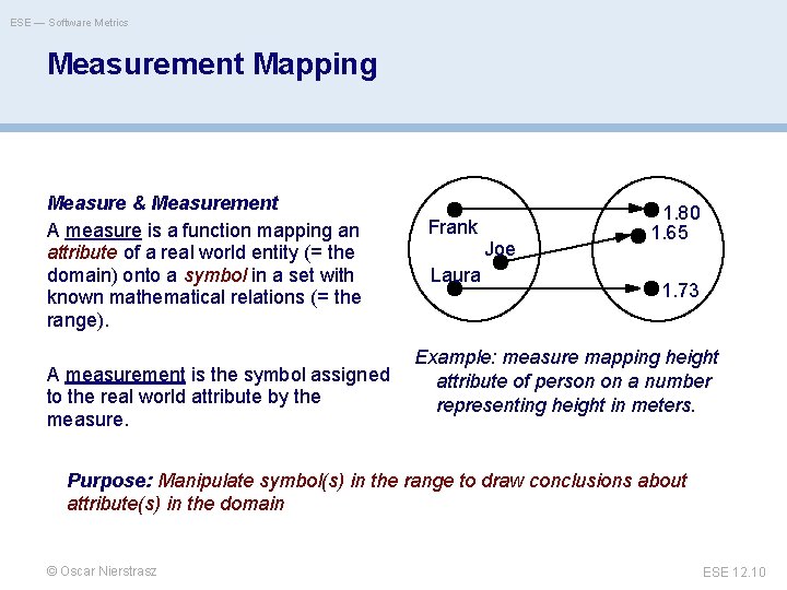 ESE — Software Metrics Measurement Mapping Measure & Measurement A measure is a function