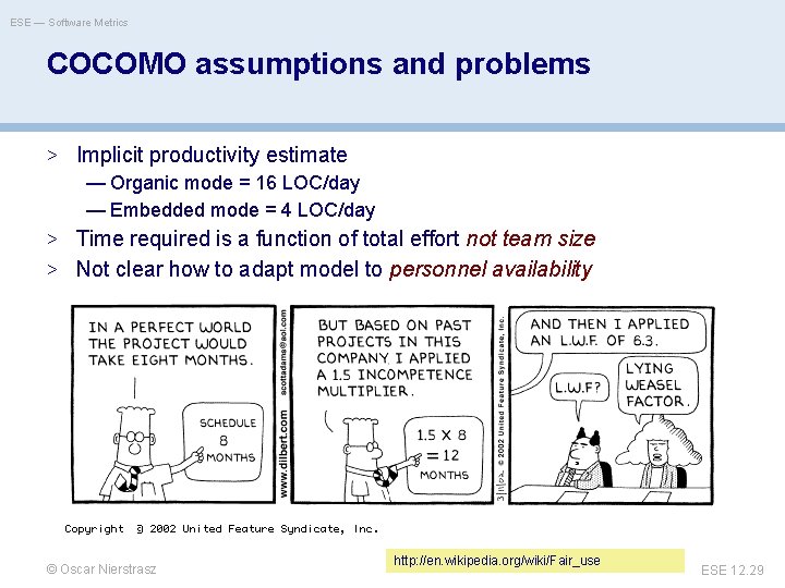 ESE — Software Metrics COCOMO assumptions and problems > Implicit productivity estimate — Organic