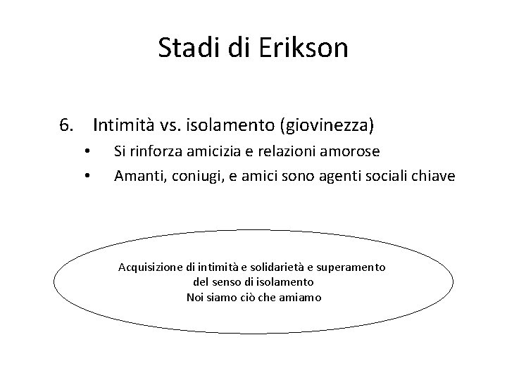 Stadi di Erikson 6. Intimità vs. isolamento (giovinezza) • • Si rinforza amicizia e Stadi di Erikson 6. Intimità vs. isolamento (giovinezza) • • Si rinforza amicizia e