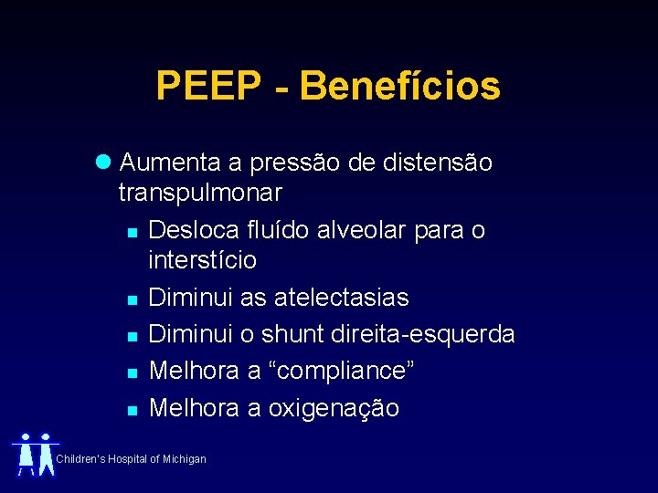 PEEP - Benefícios l Aumenta a pressão de distensão transpulmonar n Desloca fluído alveolar