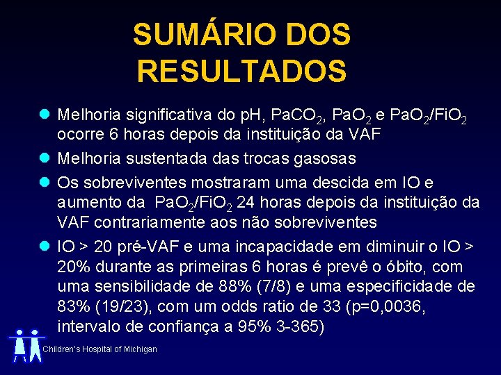 SUMÁRIO DOS RESULTADOS l Melhoria significativa do p. H, Pa. CO 2, Pa. O