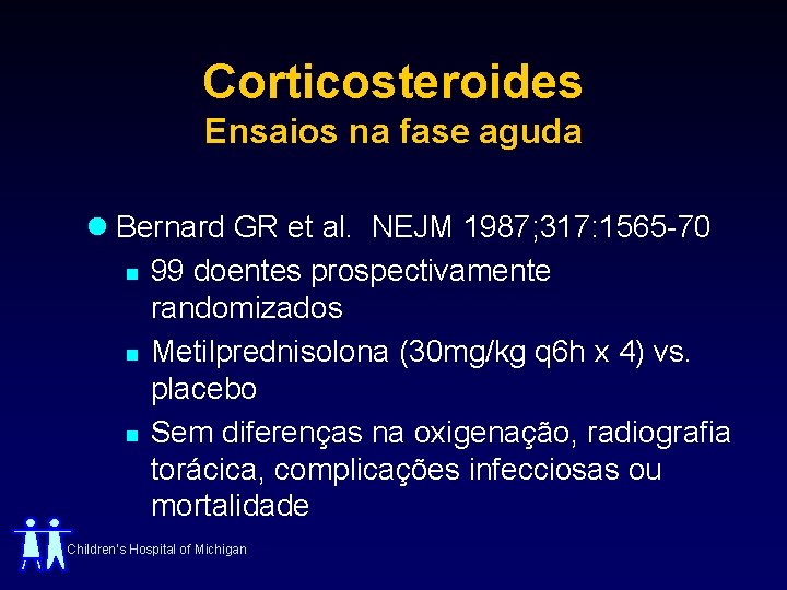 Corticosteroides Ensaios na fase aguda l Bernard GR et al. NEJM 1987; 317: 1565