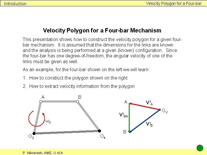 Velocity Polygon for a Four-bar Introduction Velocity Polygon for a Four-bar Mechanism This presentation
