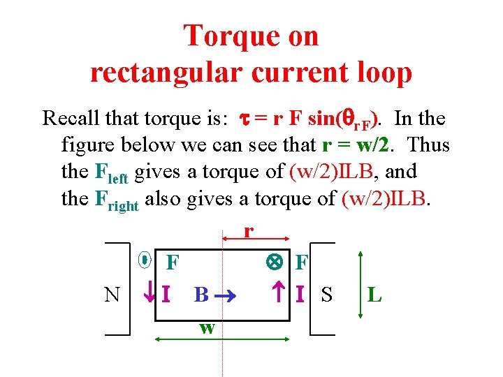 Torque on rectangular current loop Recall that torque is: t = r F sin(qr.