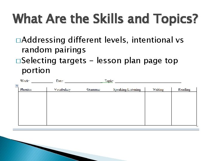 What Are the Skills and Topics? � Addressing different levels, intentional vs random pairings