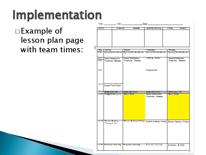 Implementation � Example of lesson plan page with team times: 