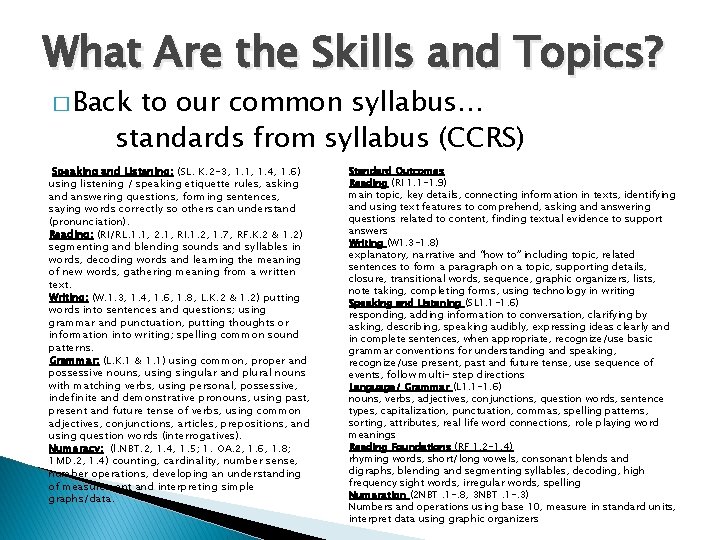 What Are the Skills and Topics? � Back to our common syllabus… standards from