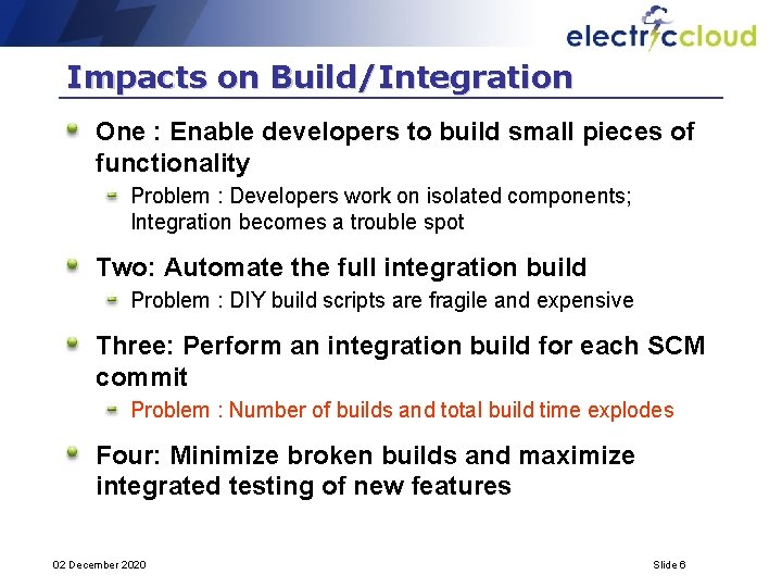 Impacts on Build/Integration One : Enable developers to build small pieces of functionality Problem