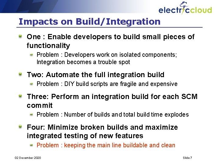 Impacts on Build/Integration One : Enable developers to build small pieces of functionality Problem